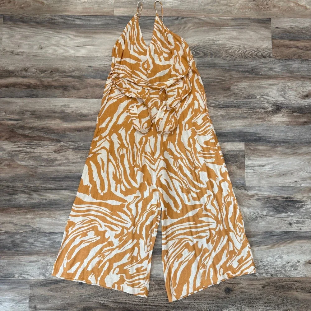 H&M Linen Blend Zebra Print Wide Leg Jumpsuit Mustard Yellow BOHO Resort NWT